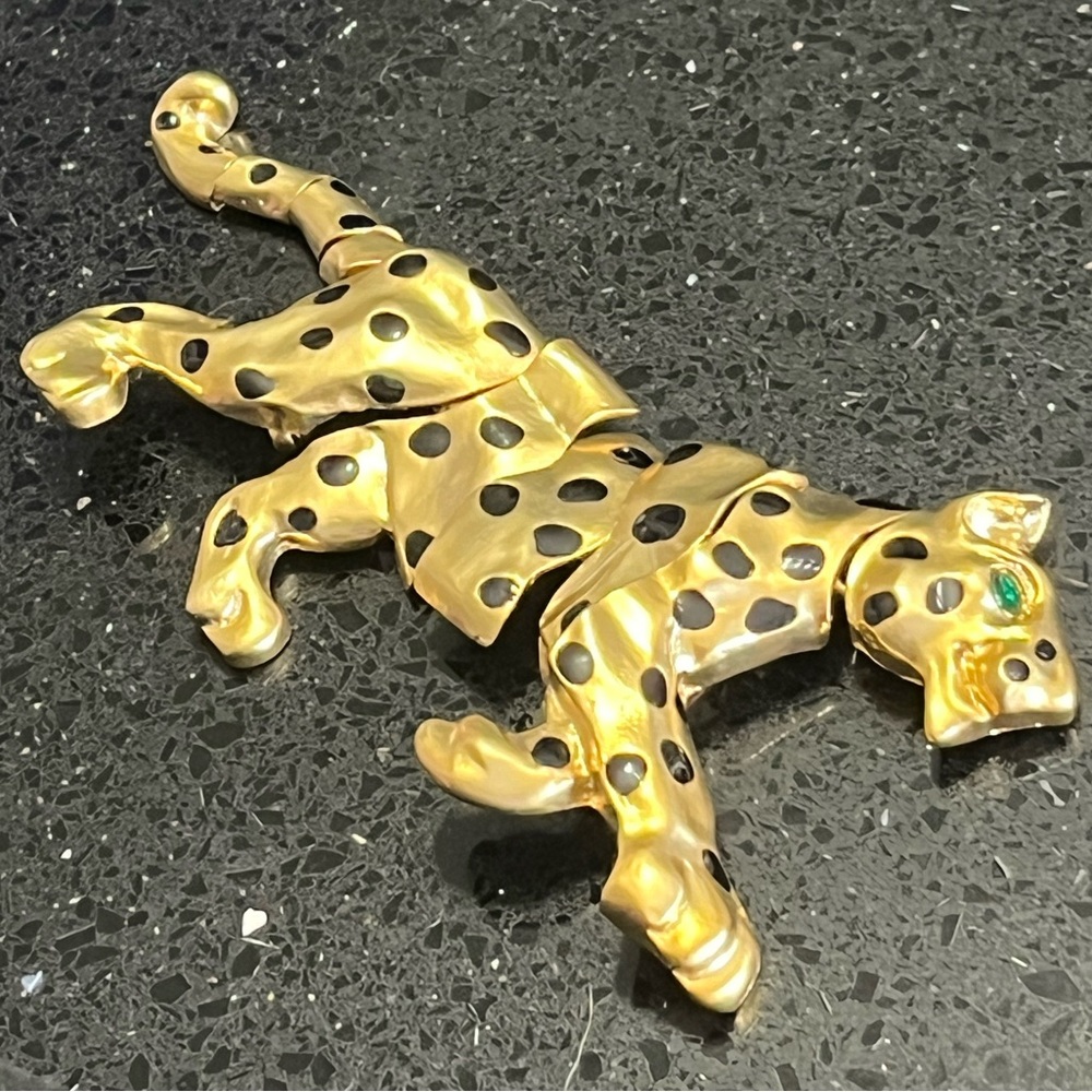 6” Giant leopard black gold emerald green eyes movable brooch pin vintage HSN